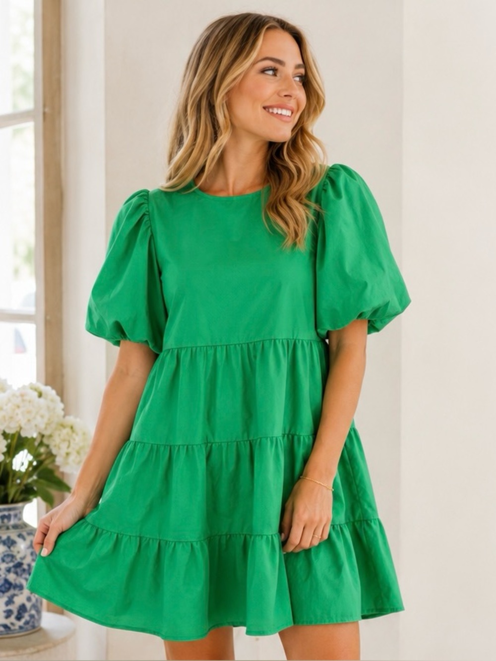 Emelia Kelly Green Puff Sleeve Tiered Dress Size M Cottagecore Tie Back Mini